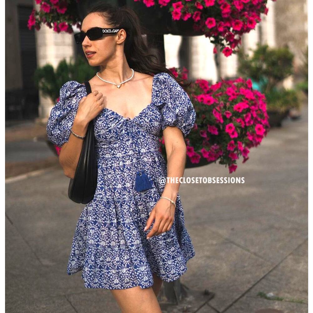 Zara NWT Blue White Cotton Floral Smocked Mini Dress M L - Picture 12 of 16